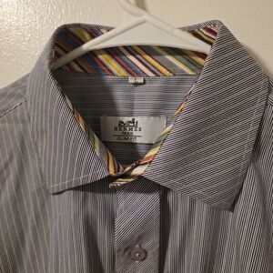 Hermes Men's Shirt - Navy/White Stripes with Multicolor Accents